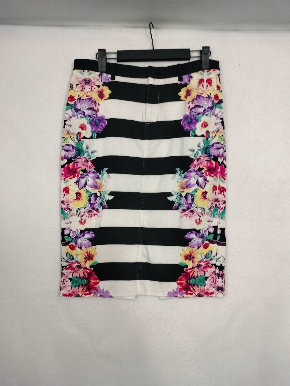 Bisou Bisou Black & White Striped Pencil Skirt with Multi-Color Floral Panels